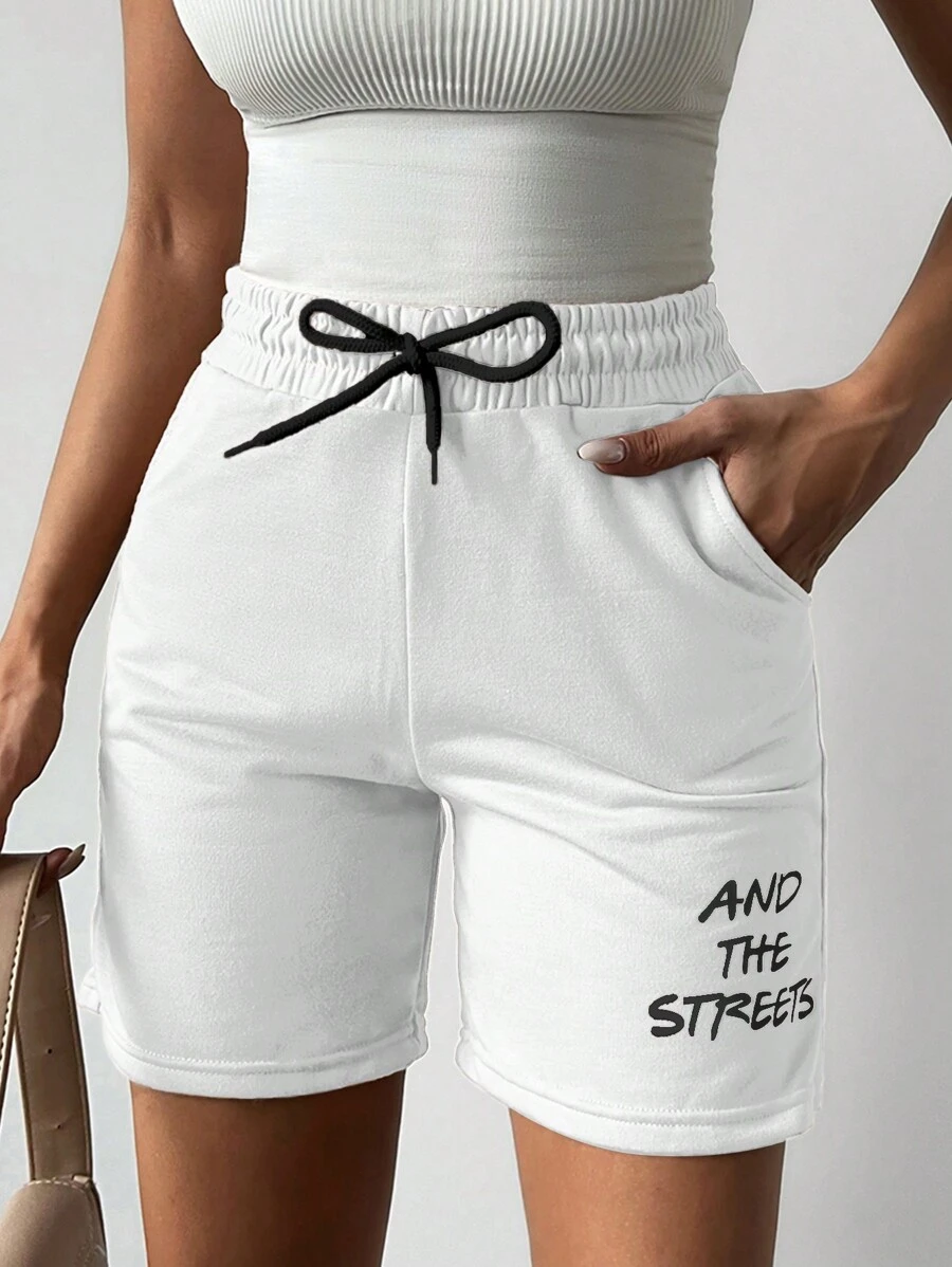 Cottnline Slogan Graphic Drawstring Waist Track Shorts - White - View 1