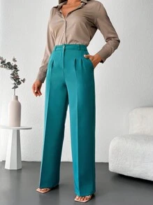 EURMUSE Chất rắn Túi nghiêng Chân thẳng Quần tây - màu xanh lá - Xem 1