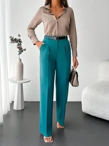 EURMUSE Chất rắn Túi nghiêng Chân thẳng Quần tây - màu xanh lá - Xem 3