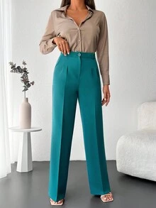 EURMUSE Chất rắn Túi nghiêng Chân thẳng Quần tây - màu xanh lá - Xem 4