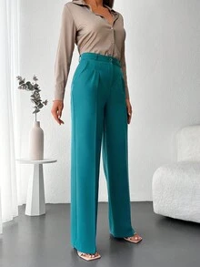 EURMUSE Chất rắn Túi nghiêng Chân thẳng Quần tây - màu xanh lá - Xem 5