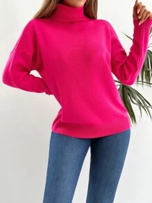 EURMUSE Turtleneck Drop Shoulder Sweater - Hot Pink - View 3