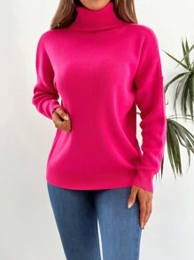 EURMUSE Turtleneck Drop Shoulder Sweater - Hot Pink - View 4