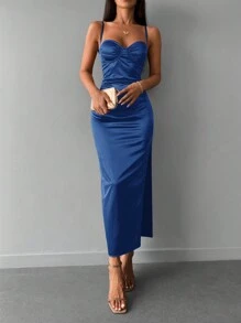 RueChic Split Thigh Ruched Bustier Cami Dress - Blue - View 3