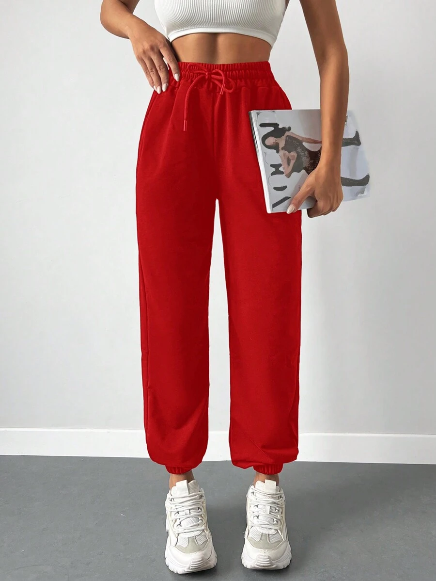 Cloudara Solid Drawstring Waist Joggers - Red - View 1