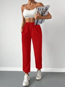 Cloudara Solid Drawstring Waist Joggers - Red - View 3