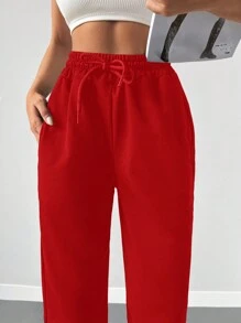 Cloudara Solid Drawstring Waist Joggers - Red - View 4