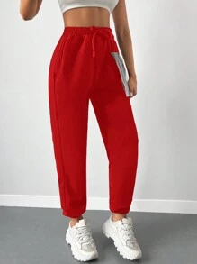 Cloudara Solid Drawstring Waist Joggers - Red - View 5