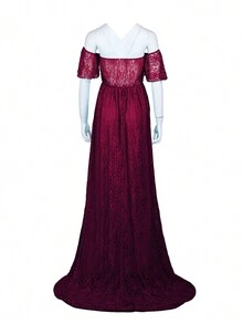 孕婦一字肩胸部褶皺蕾絲覆蓋連衣裙 - 酒紅色 - 查看 3