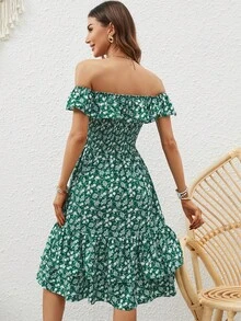 In hoa Ditsy Off Shoulder Xù Hoa Sen Đầm - màu xanh lá - Xem 2