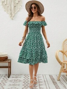 In hoa Ditsy Off Shoulder Xù Hoa Sen Đầm - màu xanh lá - Xem 3