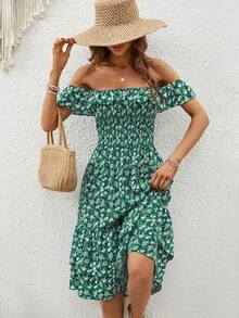In hoa Ditsy Off Shoulder Xù Hoa Sen Đầm - màu xanh lá - Xem 5