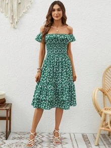 In hoa Ditsy Off Shoulder Xù Hoa Sen Đầm - màu xanh lá - Xem 6