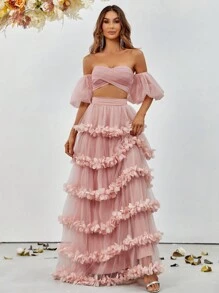 Faeriesty Off-Shoulder Puff Sleeve Crop Top & Layered Ruffled Tulle Skirt Set - Spring Summer Elegant Two Pieces Outfit For Weddings, Garden Parties, Evening Galas