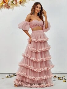 Faeriesty Off-Shoulder Puff Sleeve Crop Top & Layered Ruffled Tulle Skirt Set - Spring Summer Elegant Two Pieces Outfit For Weddings, Garden Parties, Evening Galas
