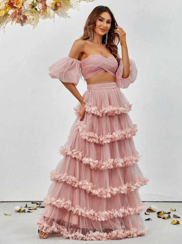 Elisanya Off-Shoulder Puff Sleeve Crop Top & Layered Ruffled Tulle