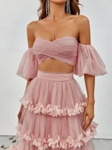 Faeriesty Off-Shoulder Puff Sleeve Crop Top & Layered Ruffled Tulle Skirt Set - Spring Summer Elegant Two Pieces Outfit For Weddings, Garden Parties, Evening Galas