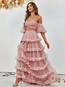 Faeriesty Off-Shoulder Puff Sleeve Crop Top & Layered Ruffled Tulle Skirt Set - Spring Summer Elegant Two Pieces Outfit For Weddings, Garden Parties, Evening Galas