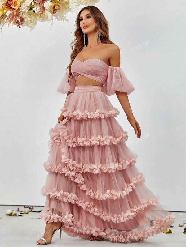 Elisanya Off-Shoulder Puff Sleeve Crop Top & Layered Ruffled Tulle Skirt Set - Spring Summer Elegant Two-Piece Outfit For Weddings, Garden Parties, Evening Galas