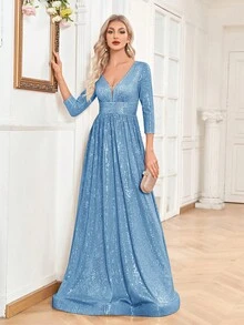 XUIBOL 深 V 领亮片礼服优雅舞会晚会婚礼宾客礼服，适合毕业典礼、晚宴 - 淺藍色 - 查看 6