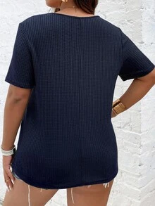 大碼華夫格編織V領T恤 - 藏蓝色 - 查看 2