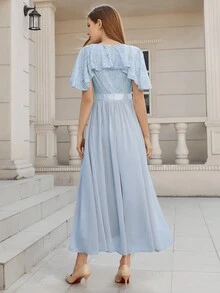 Contrast Lace Butterfly Sleeve Bridesmaid Dress - Baby Blue - View 2