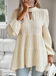 SHEIN Clasi Keyhole Neckline Lantern Sleeve Ruffle Hem Smock Top Peplum Top - Apricot - View 1