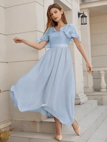 Contrast Lace Butterfly Sleeve Bridesmaid Dress - Baby Blue - View 3