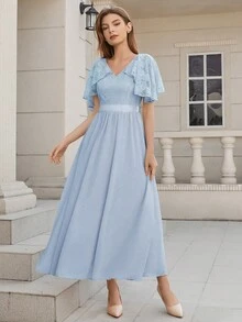 Contrast Lace Butterfly Sleeve Bridesmaid Dress - Baby Blue - View 4