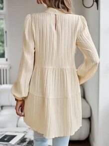 SHEIN Clasi Keyhole Neckline Lantern Sleeve Ruffle Hem Smock Top Peplum Top - Apricot - View 2