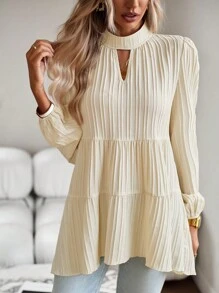 SHEIN Clasi Keyhole Neckline Lantern Sleeve Ruffle Hem Smock Top Peplum Top - Apricot - View 6