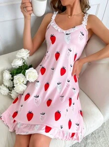 Váy ngủ & áo ngủ Nữ Tương phản ren Viên lá sen Rau quả - Hồng - Xem 1