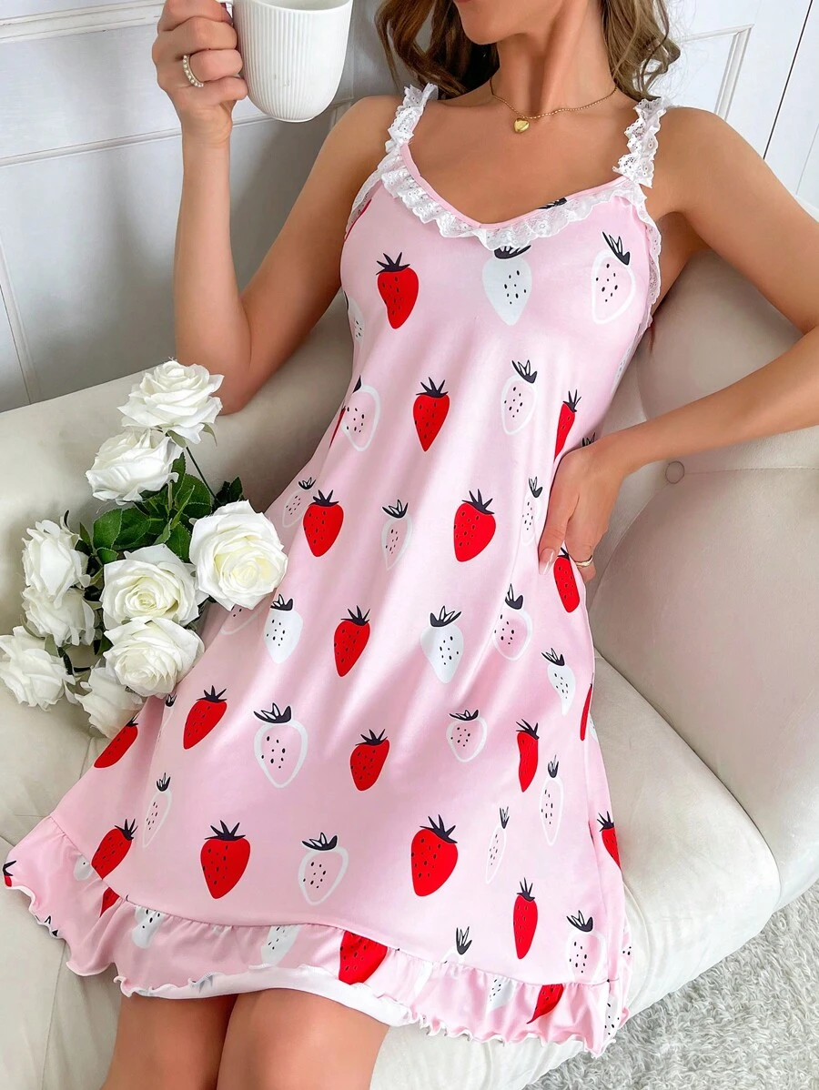 Váy ngủ & áo ngủ Nữ Tương phản ren Viên lá sen Rau quả - Hồng - Xem 1