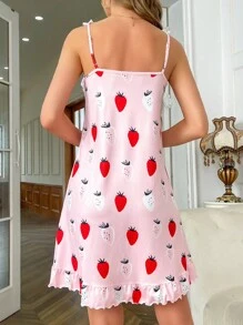 Váy ngủ & áo ngủ Nữ Tương phản ren Viên lá sen Rau quả - Hồng - Xem 2