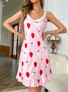 Váy ngủ & áo ngủ Nữ Tương phản ren Viên lá sen Rau quả - Hồng - Xem 4