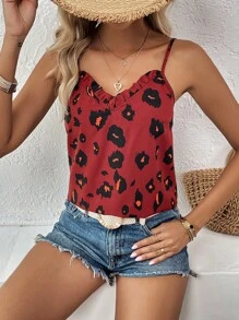 SHEIN LUNE 豹紋印花褶邊吊帶上衣 - 酒紅色 - 查看 3