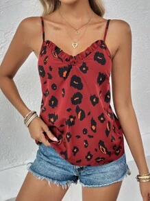 SHEIN LUNE 豹紋印花褶邊吊帶上衣 - 酒紅色 - 查看 6