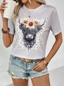 SHEIN LUNE Mùa Xuân Của phụ nữ Áo thun Với San hô Màu sắc & Âm nhạc Lễ hội Mẫu - Màu Xám nhạt - Xem 1