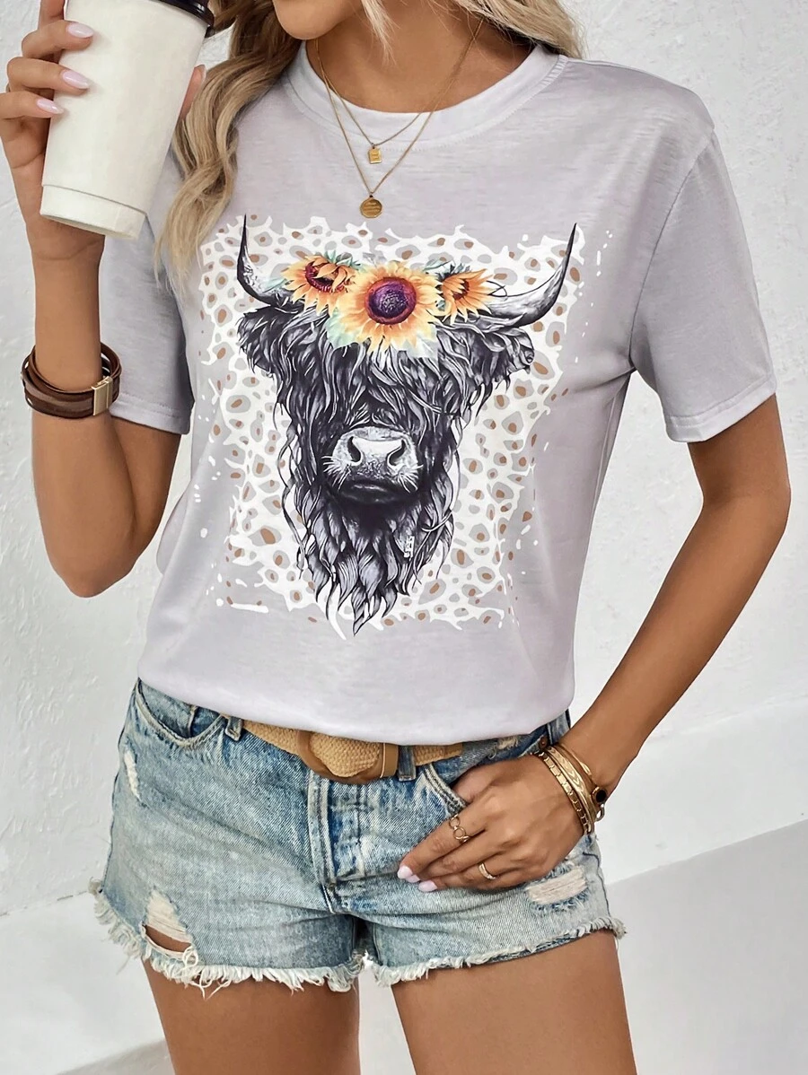 SHEIN LUNE Mùa Xuân Của phụ nữ Áo thun Với San hô Màu sắc & Âm nhạc Lễ hội Mẫu - Màu Xám nhạt - Xem 1