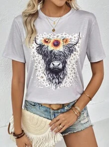 SHEIN LUNE Mùa Xuân Của phụ nữ Áo thun Với San hô Màu sắc & Âm nhạc Lễ hội Mẫu - Màu Xám nhạt - Xem 3