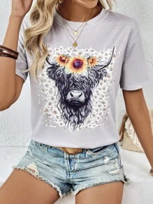 SHEIN LUNE Mùa Xuân Của phụ nữ Áo thun Với San hô Màu sắc & Âm nhạc Lễ hội Mẫu - Màu Xám nhạt - Xem 4