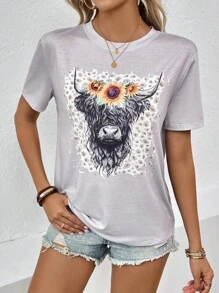 SHEIN LUNE Mùa Xuân Của phụ nữ Áo thun Với San hô Màu sắc & Âm nhạc Lễ hội Mẫu - Màu Xám nhạt - Xem 6