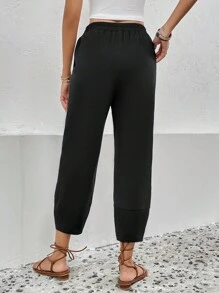 SHEIN LUNE 素色彈性腰帶斜口袋長褲 - 黑色 - 查看 2