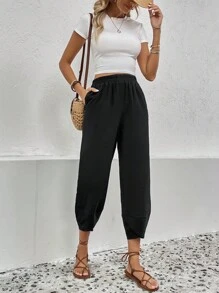 SHEIN LUNE 素色彈性腰帶斜口袋長褲 - 黑色 - 查看 3