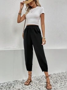 SHEIN LUNE 素色彈性腰帶斜口袋長褲 - 黑色 - 查看 6