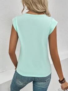 SHEIN LUNE Áo thun nữ màu trơn Giải trí - Màu xanh Bạc hà - Xem 2