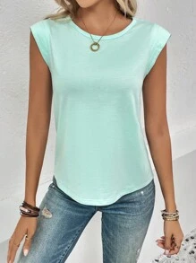 SHEIN LUNE Áo thun nữ màu trơn Giải trí - Màu xanh Bạc hà - Xem 4