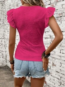 SHEIN LUNE 網眼刺繡蝴蝶袖T恤 - 玫紅色 - 查看 2