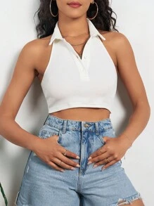 RueChic 素色前紐扣掛脖上衣 - 白色 - 查看 1