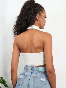 RueChic 素色前紐扣掛脖上衣 - 白色 - 查看 2